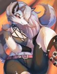  anthro belt black_ears bottomwear breasts canid canine clothed clothing eyelashes female flyer_(pixiv) fur fur_tuft grey_body grey_fur hair helluva_boss hi_res inner_ear_fluff looking_at_viewer loona_(vivzmind) mammal red_sclera shoulder_tuft solo topwear tuft white_body white_fur 