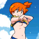  1girl aliasing areola_slip areolae arms_up bangs bare_shoulders bikini blue_background blue_bikini blue_sky breasts closed_mouth cloud commentary_request day gomatarou_(pixiv196136) green_eyes happy kasumi_(pokemon) lifted_by_self lowres navel nipple_slip nipples orange_hair outdoors pokemon pokemon_(anime) pokemon_sm_(anime) shiny shiny_hair shirt shirt_lift short_hair side_ponytail skindentation sky sleeveless sleeveless_shirt small_breasts smile solo standing stomach swimsuit swimsuit_under_clothes tied_hair undressing wardrobe_malfunction water yellow_shirt 