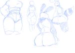  anatomy anthro arthropod bee blue_and_white bottomwear butt clothing female goonie-san hi_res hymenopteran insect mercy_(goonie-san) monochrome shirt shorts sketch sketch_page topwear 