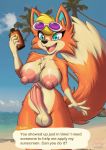  2020 5_fingers animal_crossing anthro areola audie_(animal_crossing) balls beach blonde_hair blue_eyes breasts canid canine canis chest_tuft crossgender dazzlekong dialogue digital_media_(artwork) english_text fingers ftg_crossgender fti_crossgender genitals gynomorph hair hi_res holding_object intersex mammal navel nintendo nipples nude open_mouth open_smile outside penis seaside signature smile solo sunscreen text tuft video_games wolf 