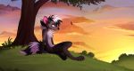  4_toes 5_fingers anthro day detailed_background fingers grass hi_res hyaenid hybrid male mammal mephitid outside pink_eyes sepiapaws sitting skunk sky smile solo toes tree 