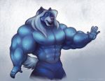  anthro big_muscles blue_body blue_fur bottomwear canid canine canis clothing fur hair huge_muscles lips long_hair male mammal muscular muscular_male pac pants solo thick_lips white_hair wilford_wolf wolf 