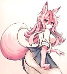  2020 absurd_res anthro black_nose bottomwear brand_new_animal breasts butt canid canine clothed clothing female fingers fluffy fluffy_tail fox fur hair hi_res inner_ear_fluff kemono looking_at_viewer mammal multicolored_body multicolored_fur nazuna_hiwatashi pink_body pink_eyes pink_fur pink_hair portrait ray65189008 simple_background skirt solo studio_trigger three-quarter_portrait tuft underwear white_background white_body white_fur 