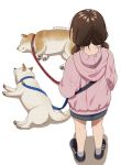  1girl animal brown_hair denim denim_skirt dog facing_away hood hoodie kneepits leash lying mattaku_mousuke on_side original short_twintails skirt twintails white_background 