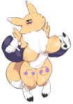  ai_man anthro armwear big_breasts black_sclera blue_eyes blush breasts bridal_gauntlets canid canine clothing digimon digimon_(species) female fur mammal markings mostly_nude nipples renamon simple_background solo tuft white_background white_body white_fur yellow_body yellow_fur 