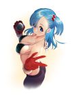  1girl abondz absurdres ass bangs blue_eyes blue_hair breasts bulma cleavage collarbone dragon_ball eyebrows_visible_through_hair from_above gloves hair_ornament highres holding looking_at_viewer red_gloves smile solo tongue tongue_out 