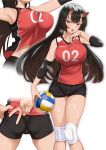  1girl ass ball bare_shoulders black_shorts breasts commentary_request eyebrows_visible_through_hair highres holding holding_ball horns large_breasts long_hair looking_at_viewer number oni oni_horns original red_shirt shirt shorts sportswear takunomi v volleyball 