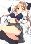  1girl arms_up ass beritabo black_legwear blue_bra blue_panties blush bow bra braid breasts brown_eyes cloud_hair_ornament eyebrows_visible_through_hair gradient_hair highres kantai_collection large_breasts light_brown_hair long_hair looking_at_viewer lying minegumo_(kantai_collection) multicolored_hair on_back panties pillow plaid_neckwear pleated_skirt red_bow red_eyes red_neckwear school_uniform shirt short_sleeves skirt socks solo suspender_skirt suspenders twin_braids underwear white_shirt 