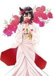  1girl alternate_costume asakawa_(outeq) black_hair commentary_request cover cover_page covering_mouth cowboy_shot doujin_cover doujinshi flower hair_between_eyes hair_flower hair_ornament highres japanese_clothes jewelry kantai_collection kimono leaf long_sleeves looking_at_viewer medium_hair obi red_flower red_rose ring rose sash shaded_face simple_background solo wedding_band white_background white_kimono wide_sleeves yamashiro_(kantai_collection) 