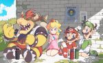  1girl blonde_hair blue_eyes bowser crown earrings jewelry long_hair luigi mario mario_(series) mario_tennis notice omochi_(glassheart_0u0) open_mouth outdoors princess_peach shoes sleeveless sneakers sportswear sweat tennis_uniform wall 