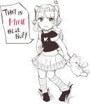  1girl animal_ears annie_hastur backpack bag blush cat_ears ejami english_text fake_animal_ears greyscale league_of_legends looking_at_viewer monochrome open_mouth short_hair simple_background skirt solo stuffed_animal stuffed_toy teddy_bear white_background 