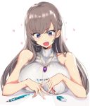  1girl bangs bare_shoulders breast_rest breasts brown_hair eraser eyebrows_visible_through_hair fafas68 highres jewelry long_hair mechanical_pencil mole mole_under_eye necklace open_mouth original pencil purple_eyes solo sweater turtleneck turtleneck_sweater 