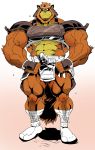  2018 5_fingers abs anthro armor biceps big_muscles black_body black_fur black_nose brown_body brown_fur canid canine feet fingers fur hi_res huge_muscles humanoid_feet humanoid_hands looking_at_viewer male mammal multicolored_body multicolored_fur muscular muscular_male plantigrade quads raccoon_dog samurai simple_background solo standing tanuki thymilph triceps warrior yellow_eyes 