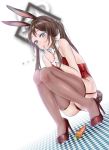  1girl absurdres amiya_(arknights) animal_ears arknights ass bare_shoulders blue_eyes brown_hair brown_legwear bunny_ears bunny_girl bunny_tail bunnysuit carrot detached_collar dutch_angle finger_sucking garter_straps high_heels highres leotard long_hair looking_at_viewer plaid red_footwear red_leotard skindentation solo squatting tail thighhighs twintails white_background wrist_cuffs yu_ji_miao 