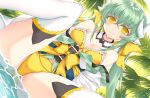  1girl ass bangs bare_shoulders bikini blush bow breasts commentary_request eyebrows_visible_through_hair fate/grand_order fate_(series) frills highres horns in_water kiyohime_(fate/grand_order) long_hair looking_at_viewer medium_breasts morizono_shiki palm_tree smile solo spread_legs swimsuit thighhighs tree white_legwear yellow_bikini yellow_bow yellow_eyes 