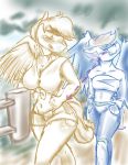  anthro applejack_(mlp) binding blush bottomwear clothing digital_sketch duo female female/female fenalia friendship_is_magic hi_res my_little_pony rainbow_dash_(mlp) shorts simple_background sketch walking workout_clothing 