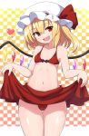  1girl bare_arms bare_shoulders bikini blonde_hair breasts cameltoe checkered checkered_background cowboy_shot fang flandre_scarlet front-tie_bikini front-tie_top hat heart lifted_by_self long_hair looking_at_viewer mob_cap navel one_side_up open_mouth red_bikini red_eyes red_skirt rizento skirt skirt_lift small_breasts smile solo swimsuit thigh_gap touhou white_headwear wings 