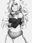  1girl android_21 blue_eyes bracelet breasts choker cleavage detached_sleeves dragon_ball dragon_ball_fighterz earrings grey_background greyscale hoop_earrings jewelry kemachiku long_hair majin_android_21 medium_breasts midriff monochrome navel simple_background sketch smile solo 
