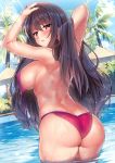  1girl ass bare_back bikini blue_sky breasts chair cloud day dutch_angle fate/grand_order fate_(series) flower from_behind hair_between_eyes hair_flower hair_grab hair_ornament hibiscus highres kawai large_breasts looking_at_viewer looking_back parted_lips pool purple_bikini purple_hair red_eyes scathach_(fate)_(all) scathach_(fate/grand_order) scathach_(swimsuit_assassin)_(fate) sky standing swimsuit table untied untied_bikini water 