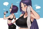  breasts cleavage commentary fate/grand_order fate_(series) highres hood_(james_x) horns huge_breasts long_hair minamoto_no_raikou_(fate/grand_order) multiple_girls oni oni_horns open_mouth purple_eyes purple_hair short_hair shuten_douji_(fate/grand_order) skin-covered_horns sports_bra very_long_hair 