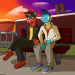  1:1 anthro anthrofied bench clothed clothing duo evening fully_clothed fuze gao_(fuze) hi_res lucas_(fuze) male marshtomp nintendo outside pok&eacute;mon pok&eacute;mon_(species) sitting torracat video_games 
