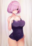  1girl alternate_costume bare_shoulders blue_swimsuit blush breasts cleavage collarbone commentary_request covered_navel fate/grand_order fate_(series) hair_over_one_eye highres large_breasts looking_at_viewer mash_kyrielight purple_eyes short_hair smile solo swimsuit yoshi8357 