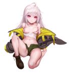  1girl 3: boots breasts full_body highres jacket last_origin long_hair madan_(kkh8936) navel nipples pink_eyes short_shorts shorts silver_hair simple_background solo torn_clothes white_background x-05_emily 