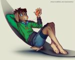  acequorthon anthro barefoot blue_eyes bottomwear bovid brown_body brown_hair caprine clothing eating food goat green_clothing green_shirt green_topwear hair horn male mammal pizza relaxing rexwind shirt shorts solo text topwear url 