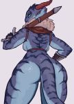  2020 absurd_res anthro back_boob belt big_butt biped breasts butt clothing female genitals gloves handwear hi_res holding_object holding_weapon horn lizard looking_at_viewer looking_back melee_weapon mostly_nude muscular muscular_female pussy reccand reptile scalie simple_background solo standing stripes sword thick_tail weapon wide_hips 