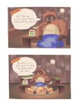  2020 3:4 absurd_res animal_crossing anthro apron belly blue_eyes brown_body brown_fur canid canine cinderoo clothing detailed_background dialogue english_text eyes_closed footwear fur hi_res male mammal money nintendo overweight overweight_male raccoon_dog sandals solo tanuki text tom_nook_(animal_crossing) video_games 