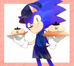  555_pn anthro apron blue_body blue_fur border bread clothing eulipotyphlan eyewear food fur green_eyes hat headgear headwear hedgehog hi_res holding_food holding_object komeda&#039;s_coffee male mammal monocle pink_border simple_background smile solo sonic_the_hedgehog sonic_the_hedgehog_(series) standing white_background 