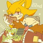  1:1 2013 aliasing anthro bukikobuta carrying clenched_teeth clothing dr._eggman duo english_text eulipotyphlan facial_hair food footwear fur gloves grin half-closed_eyes handwear happy_birthday hedgehog holding_food holding_object hot_dog human low_res male mammal mustache narrowed_eyes on_shoulder red_eyes shoes simple_background sitting smile sonic_the_hedgehog sonic_the_hedgehog_(series) star super_sonic teeth text yellow_background yellow_body yellow_fur 
