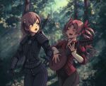  2020 2girls armor blurry blurry_background blush bow brown_eyes brown_hair closed_eyes commission cosplay cowboy_shot depth_of_field flower forest geralt_of_rivia hair_flower hair_ornament hair_ribbon highres holding holding_instrument instrument julian_alfred_pankratz long_hair lute_(instrument) misaka_mikoto multiple_girls music nature parody playing_instrument red_ribbon ribbon shirai_kuroko short_hair shoulder_armor singing sword sword_behind_back the_witcher to_aru_kagaku_no_railgun to_aru_majutsu_no_index twintails twitter_username weapon zhvo 