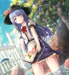  1girl blue_hair blue_skirt blush bow bowtie brick_wall building closed_mouth collared_shirt day dutch_angle food frilled_shirt frilled_skirt frills fruit hat_ornament hinanawi_tenshi long_hair outdoors peach puffy_short_sleeves puffy_sleeves red_bow red_eyes red_neckwear shirt short_sleeves skirt skirt_basket smile solo standing straight_hair torottye touhou very_long_hair wading white_shirt 