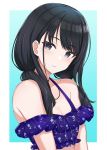  1girl bangs bare_shoulders bikini black_hair blue_background blue_eyes blush border breasts cleavage closed_mouth collarbone gradient gradient_background highres idolmaster idolmaster_shiny_colors jewelry kazano_hiori long_hair looking_at_viewer low_twintails medium_breasts mitsukazu_(nijigen_complex) mole mole_under_mouth necklace swept_bangs swimsuit twintails white_border 