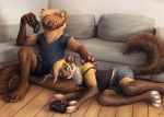  2020 anthro black_nose blue_eyes bottomwear brown_body brown_fur clothed clothing controller duo fluffy fluffy_tail frown fully_clothed fur furniture game_controller inside kebi male mammal marten mustelid musteline on_ground pine_marten shirt shorts sitting smile sofa t-shirt topwear whiskers 