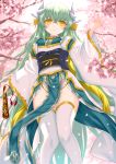  1girl aqua_hair bangs blush breasts cherry_blossoms cleavage commentary_request dragon_horns eyebrows_visible_through_hair fate/grand_order fate_(series) from_below green_hair hair_between_eyes highres horns japanese_clothes kimono kiyohime_(fate/grand_order) large_breasts long_hair looking_at_viewer morizono_shiki smile solo swimsuit thighhighs very_long_hair white_legwear yellow_eyes 