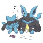  1:1 2020 :3 ambiguous_gender anthro baby_pok&eacute;mon black_body black_fur blue_body blue_fur canid canine duo earbuds eyes_closed fur headphones holding_head ipod listening_to_music lucario lying mammal momopom musical_note nintendo on_front pok&eacute;mon pok&eacute;mon_(species) riolu simple_background video_games white_background 