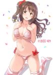  1girl bikini breasts brown_eyes brown_hair cleavage commentary_request confetti dated highres idolmaster idolmaster_cinderella_girls kneeling long_hair looking_at_viewer medium_breasts one_side_up open_mouth shaa shimamura_uzuki short_hair smile solo striped striped_bikini striped_legwear swimsuit thighhighs white_background 