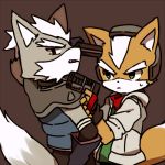  1:1 2017 anthro bodily_fluids brown_background brown_body brown_fur bukikobuta canid canine canis clothing duo fox fox_mccloud frown fur gloves green_eyes grey_body grey_fur gun_to_head handwear holding_gun holding_object holding_weapon low_res male mammal nintendo red_eyes simple_background star_fox sweat topwear video_games weapon white_body white_fur wolf wolf_o&#039;donnell 