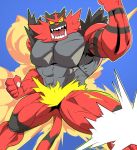  2019 5_fingers abs anthro armpit_hair big_muscles black_body black_fur body_hair claws featureless_crotch fingers fur green_eyes hi_res humanoid_hands incineroar male muscular muscular_male nintendo open_mouth pecs pok&eacute;mon pok&eacute;mon_(species) pose quads red_body red_fur red_nose solo standing striped_body striped_fur stripes thymilph video_games white_claws yellow_sclera 