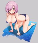  1girl all_fours alternate_costume bangs bikini blue_bikini blush breasts cleavage commentary_request eyebrows_visible_through_hair fate/grand_order fate_(series) hair_over_one_eye highres large_breasts lavender_hair looking_at_viewer mash_kyrielight purple_eyes short_hair smile solo swimsuit yoshi8357 