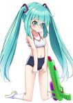  1girl blue_buruma blush bra breasts buruma green_eyes green_hair gym_uniform hatsune_miku highres kneehighs kneeling legs long_hair navel no_shirt retumihari shoes simple_background small_breasts solo thighs training_bra twintails underwear very_long_hair vocaloid water_gun white_background white_bra white_footwear white_legwear 