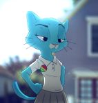  2020 absurd_res anthro blue_body blue_fur cartoon_network clothed clothing domestic_cat felid feline felis female fur hi_res mammal nicole_watterson pointedfox simple_background solo the_amazing_world_of_gumball 