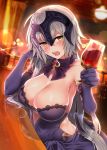  1girl ahoge alcohol bangs black_dress blush breasts cup dress drinking_glass fate/grand_order fate_(series) highres jeanne_d&#039;arc_(alter)_(fate) jeanne_d&#039;arc_(fate)_(all) kawai large_breasts long_hair looking_at_viewer open_mouth silver_hair solo very_long_hair wine yellow_eyes 