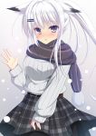  1girl belt black_hair gradient gradient_background grey_eyes hair_flaps hair_ornament hairclip hand_up kisaragi_yuu_(kisaragiyu) multicolored_hair original plaid plaid_skirt ribbed_sweater scarf skirt sleeves_past_wrists snowing solo sweater two-tone_hair white_hair 