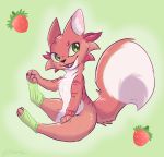  2018 chest_tuft clothing dipstick_tail food fruit fur green_background green_eyes hi_res legwear mammal multicolored_tail open_mouth open_smile plant ribbontini simple_background sitting smile socks strawberry toeless_socks tuft white_body white_fur 