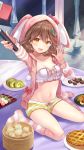  1girl :d absurdres animal_ears animal_hood arm_up bad_anatomy bamboo_steamer baozi beads bow bra breasts brown_hair cake cleavage collarbone cross-laced_clothes curly_hair dango drawstring fake_animal_ears fluffy_legwear food frills fukahire_(ruinon) girl_cafe_gun hair_beads hair_ornament hand_up highres holding hood hooded_jacket jacket lingerie long_sleeves looking_at_viewer medium_breasts medium_hair midriff navel no_shoes official_art on_table open_clothes open_jacket open_mouth outstretched_arm pie pink_jacket plate pom_pom_(clothes) sanshoku_dango self_shot selfie_stick short_shorts shorts sitting smile socks solo source_request stomach striped striped_legwear su_xiaozhen swiss_roll table tablecloth thighs underwear wagashi wariza waving white_bra yellow_eyes yellow_shorts 
