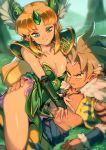  1boy 1girl ass_grab blonde_hair breasts bridal_gauntlets cleavage hand_on_own_chest kevin_(seiken_densetsu_3) looking_at_viewer lying on_back optionaltypo pointy_ears riesz seiken_densetsu seiken_densetsu_3 shoulder_armor smile winged_hair_ornament 