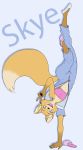  2020 anthro blue_background blue_eyes canid canine clothed clothing disney female fox fur gesture handstand hi_res inner_ear_fluff jumpsuit mammal open_mouth open_smile rosaegold simple_background skye_(zootopia) smile solo tuft v_sign yellow_body yellow_fur zootopia 